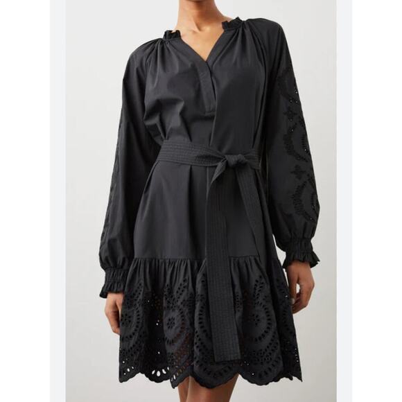Rails Saylor Dress Black Eyelet Lace Long Sleeve Tile Belt Sz S - Picture 3 of 10